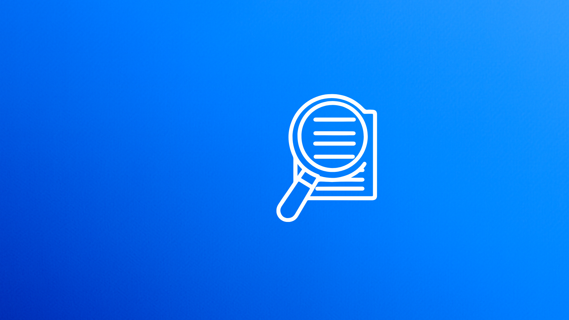 Magnifying glass over document icon on blue background representing policy review and analysis.